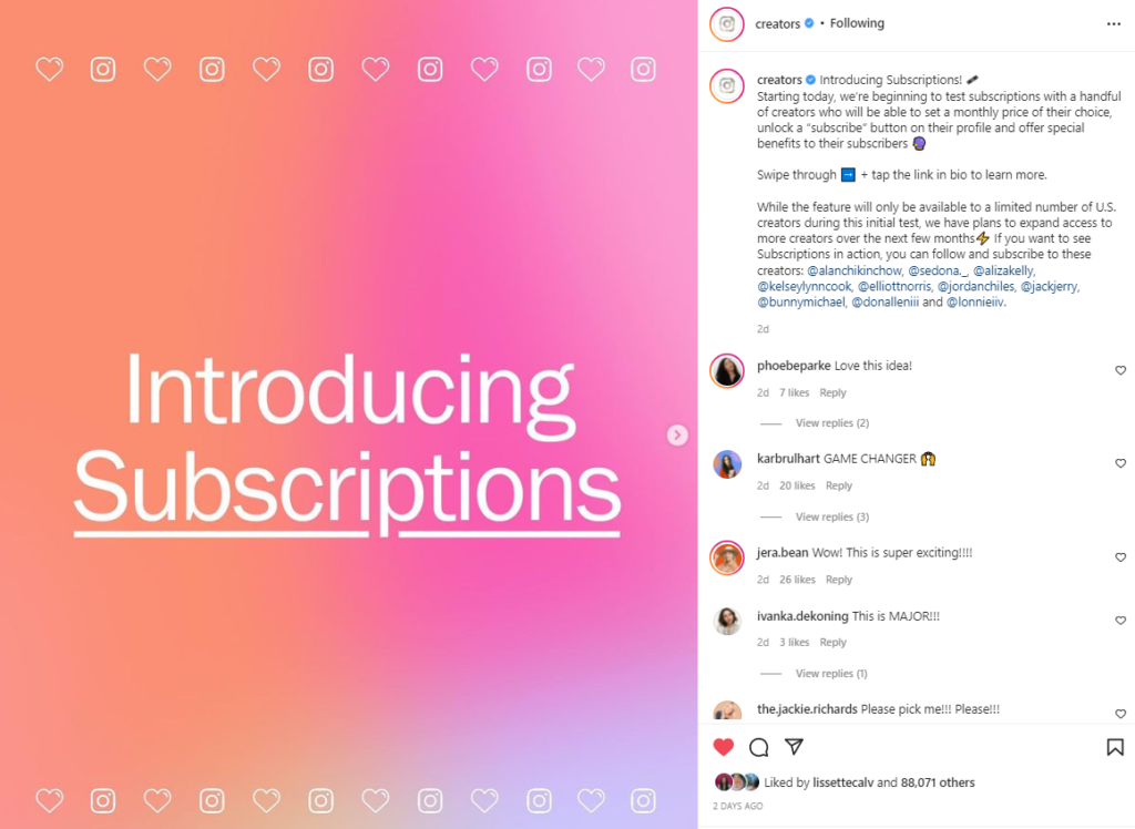 instagram creators subscriptions